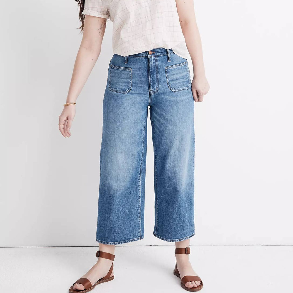 Madewell Wide-Leg Crop Patch Pockets Whiskered Denim Jeans Chesney Blue Wash 28